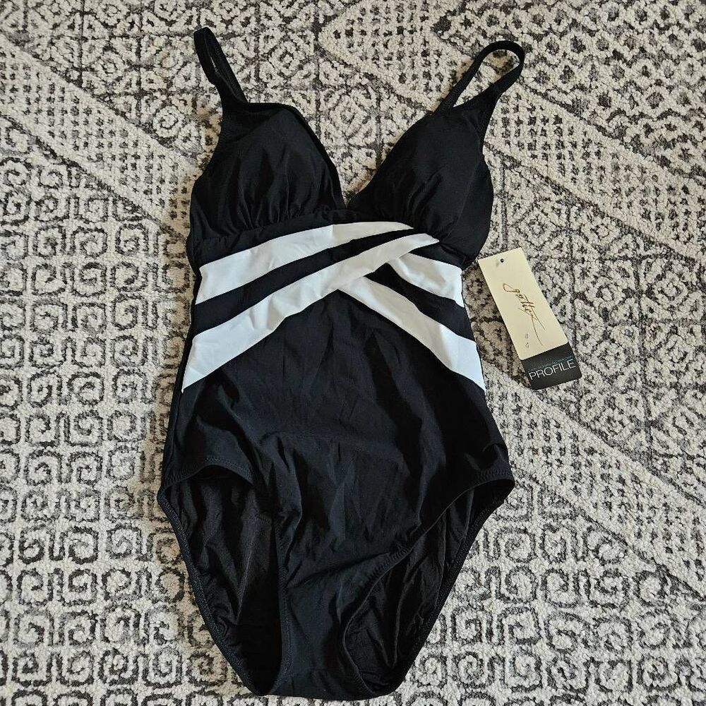 Profile by Gottex Striped Trim One-Piece Swimsuit Size 8 in Black and White